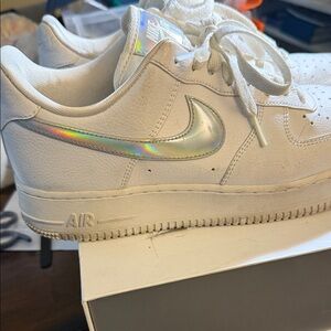 Nike Kids White Sneakers with Holographic Swoosh